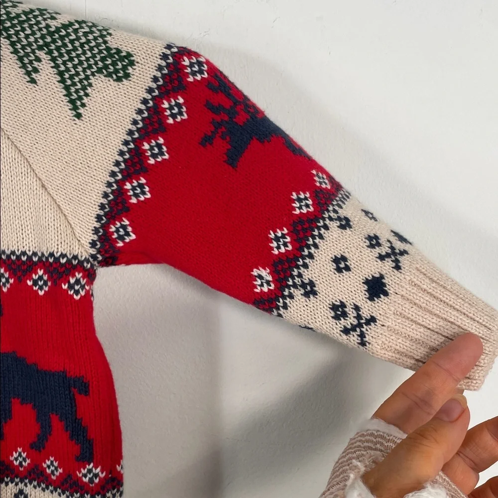Hatley Kids Red Cream Reindeer Christmas Tree Fair Isle Shawl Cardigan Sweater 2
